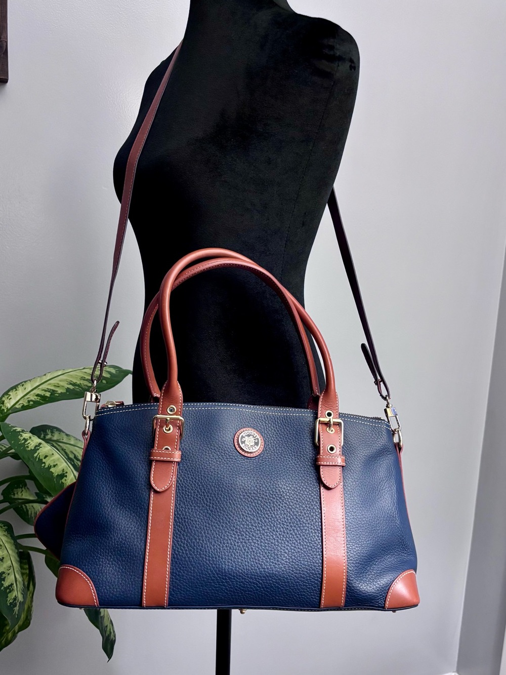 Dooney & Bourke Navy and Brown Pebbled Leather Shoulder Satchel with wristlet